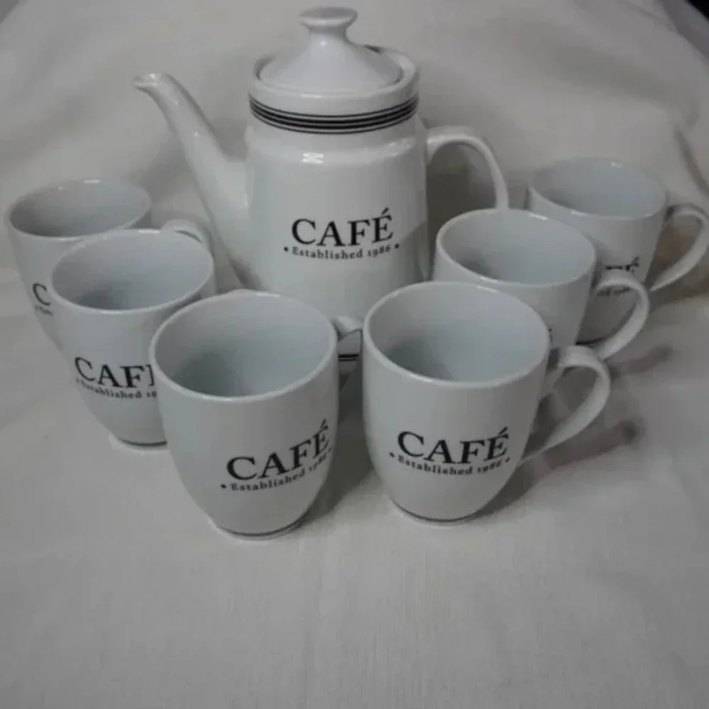 Pottery Barn Cafe Est 1986 *** Set of 2 Cups *** White with Black Design - Picture 7 of 9